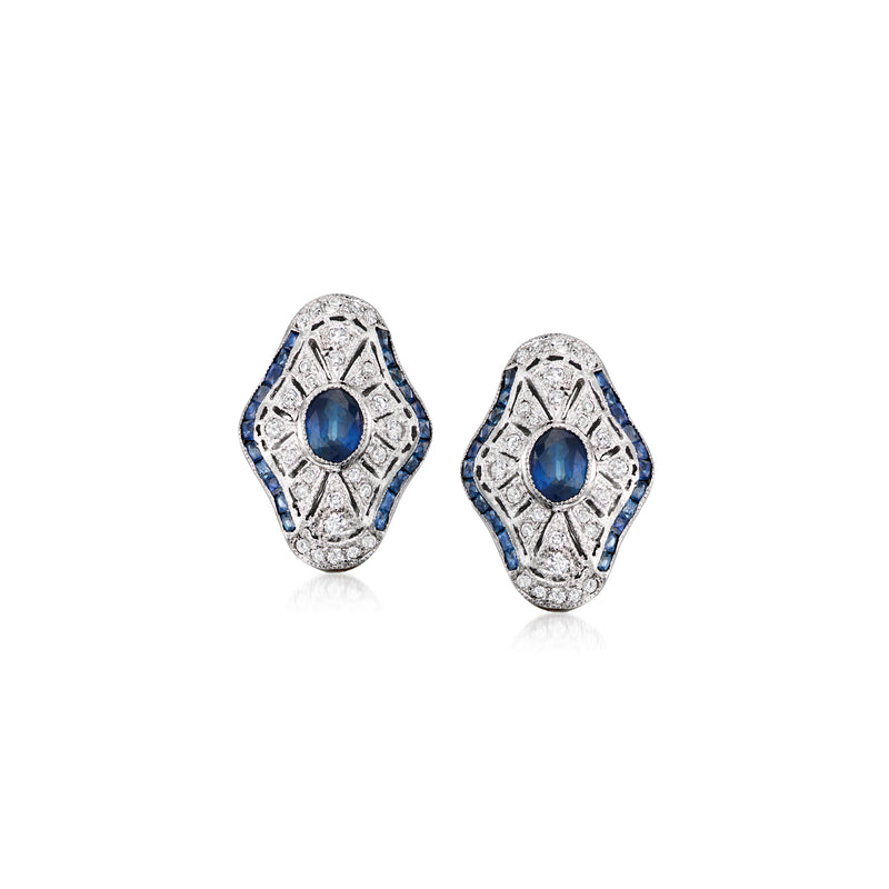Vintage filigree sapphire and diamond stud earrings, 14kt white gold