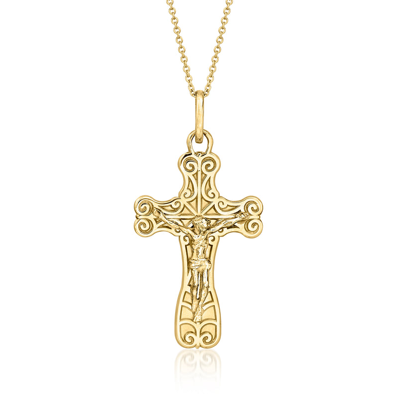18kt yellow gold crucifix pendant necklace with ornate swirl detailing