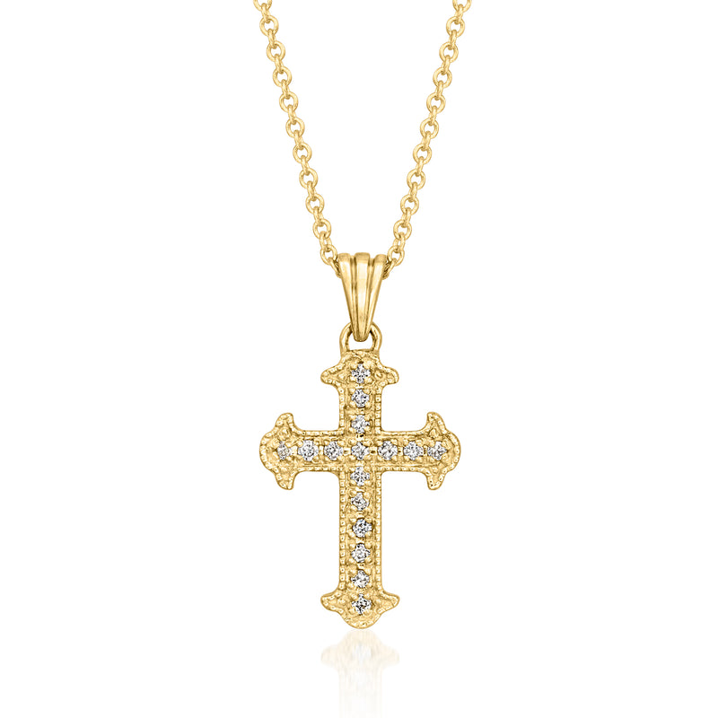 14kt yellow gold diamond cross pendant necklace, polished gold cross with set stones