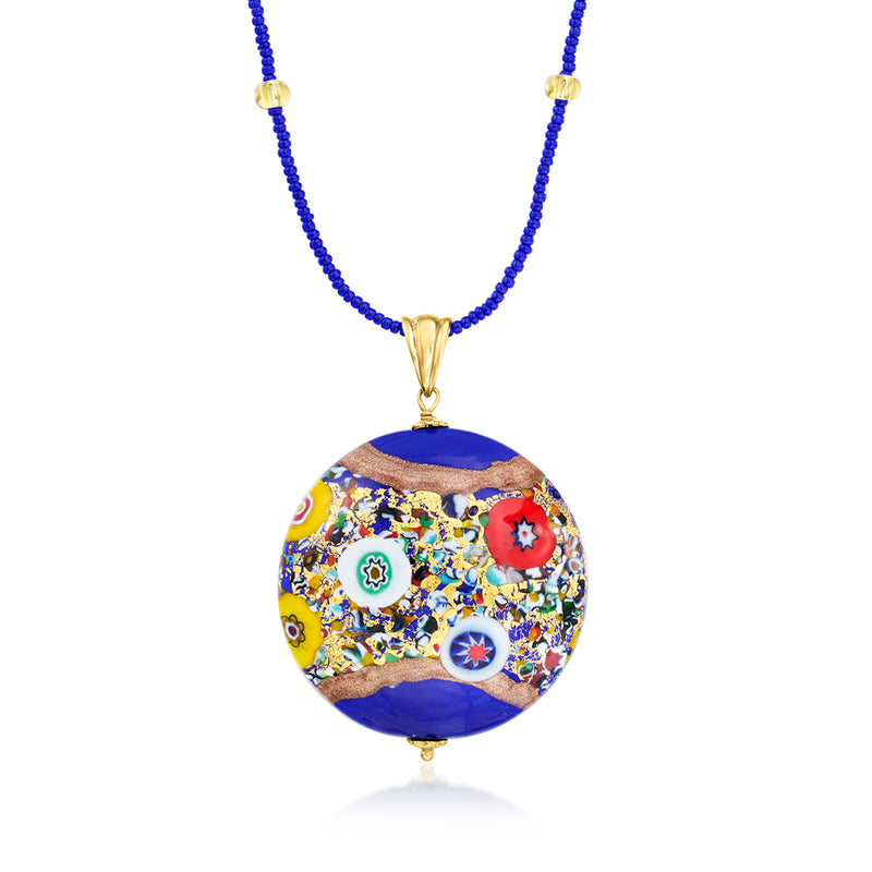 Blue bead necklace with multicolored Murano glass round pendant in gold-tone setting