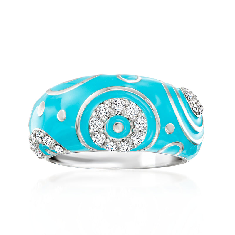 Sterling silver CZ ring with turquoise enamel oval halo and blue center disc