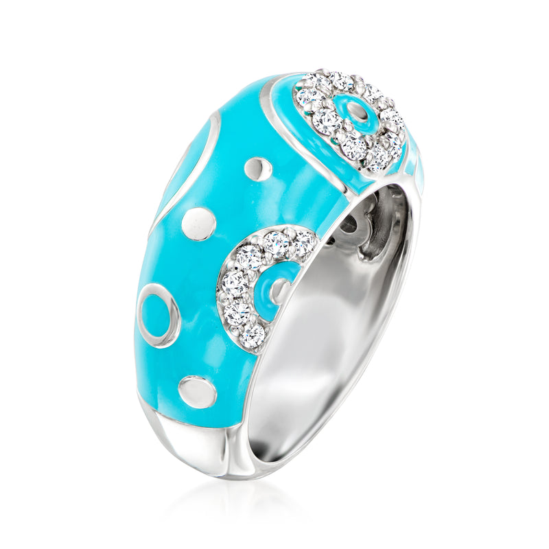 Sterling silver CZ ring with turquoise enamel and oval halo setting, blue center