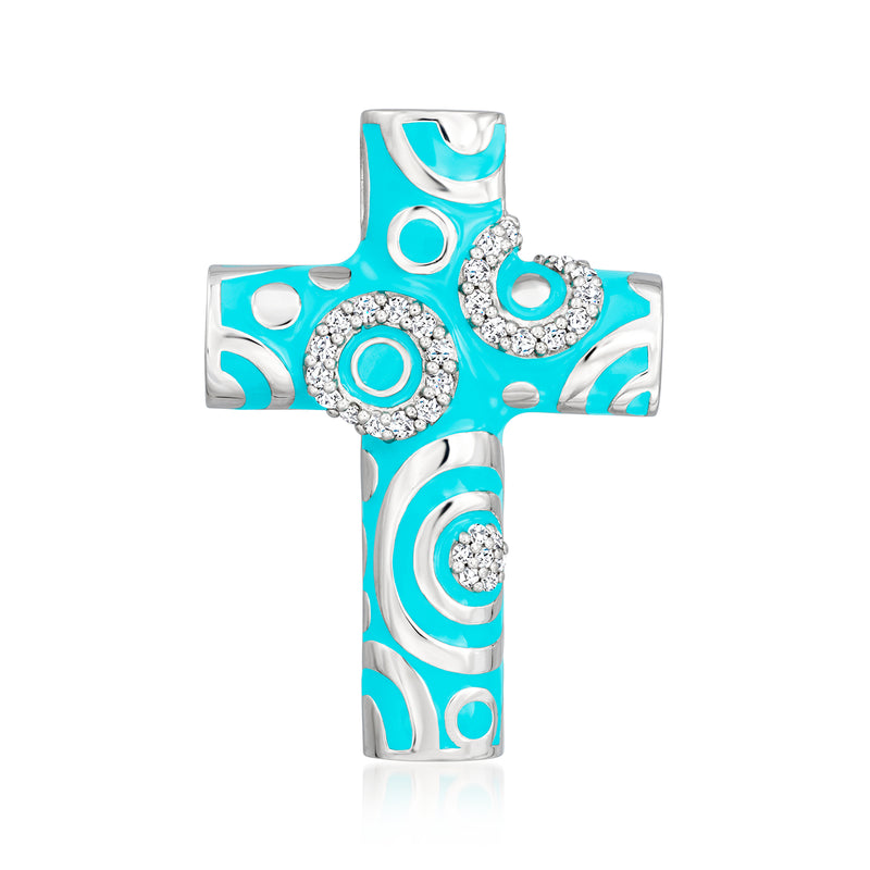 Turquoise enamel cross pendant in sterling silver with CZ detail, teardrop and ring motifs