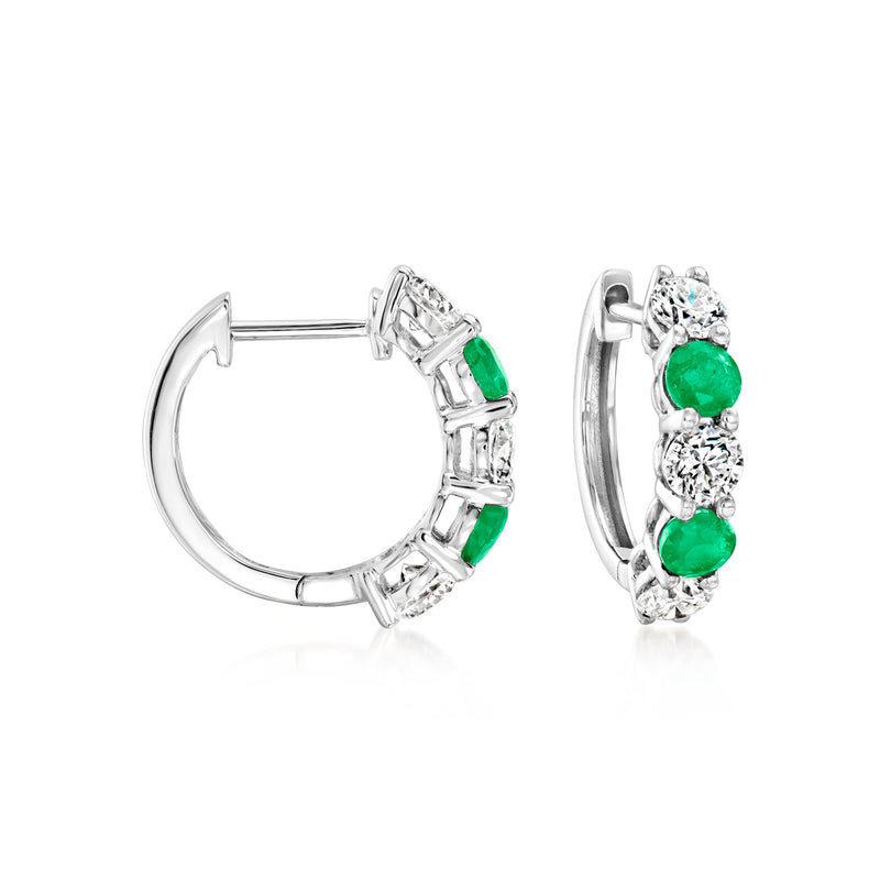 14kt white gold hoop earrings with emerald-green stones and clear diamonds