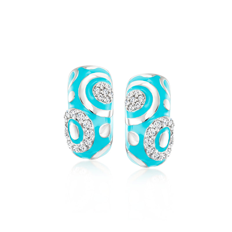 Turquoise enamel hoop earrings in sterling silver with round CZ accents, swirl pattern
