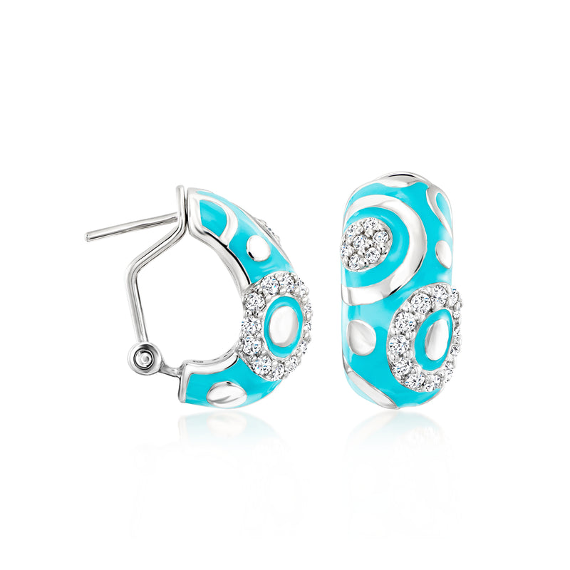 Sterling silver hoop earrings with turquoise enamel, round CZ accents, hinged clip/post back