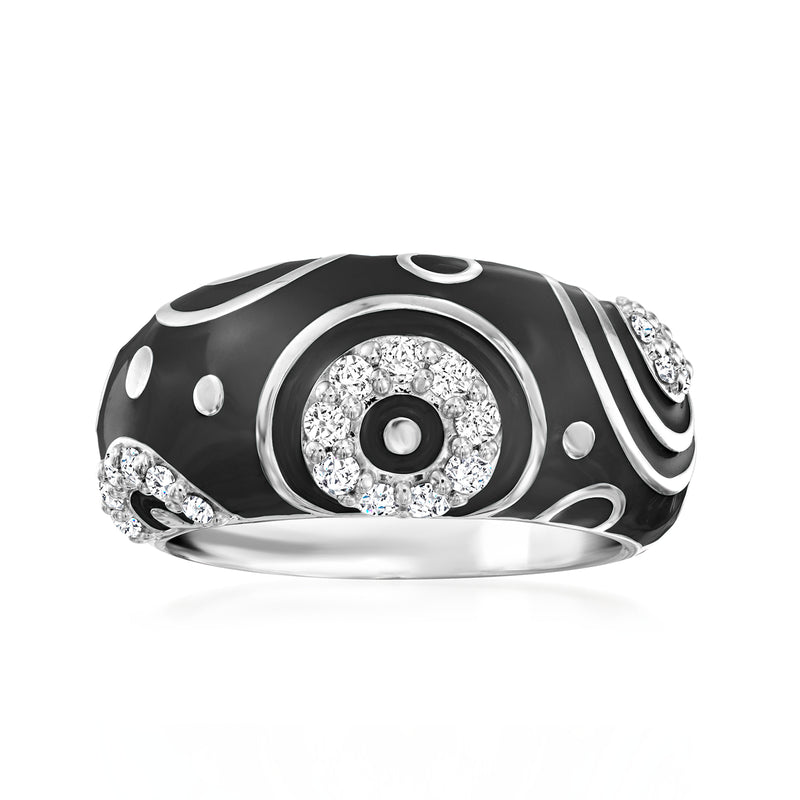 Black enamel CZ galaxy ring in sterling silver, with circular halo and dot accents