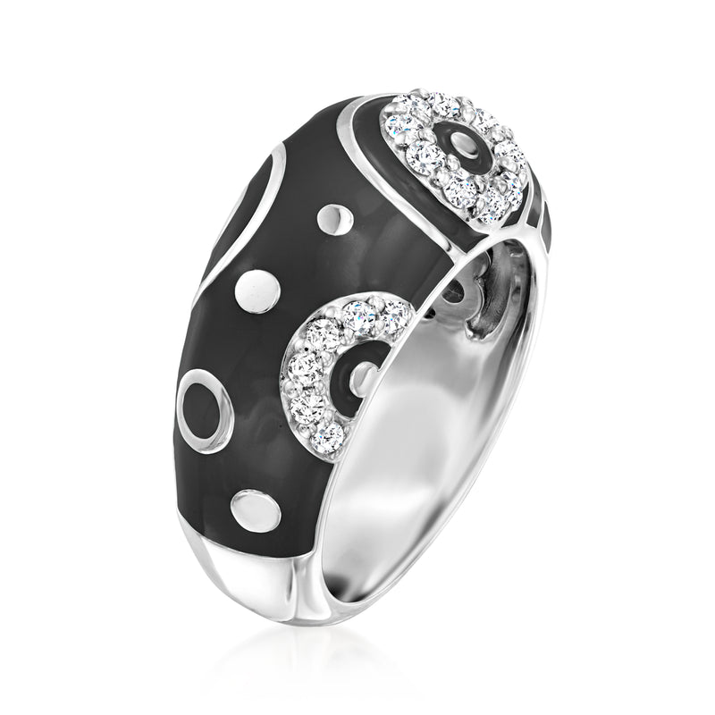 Sterling silver black enamel CZ galaxy ring, angled view with oval and dot details
