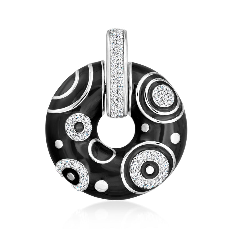 Black enamel open-circle CZ pendant with sterling silver frame and round halo details