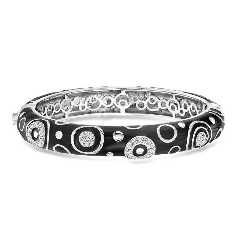 Sterling silver black enamel bangle bracelet with clear CZ accents, circular cutouts