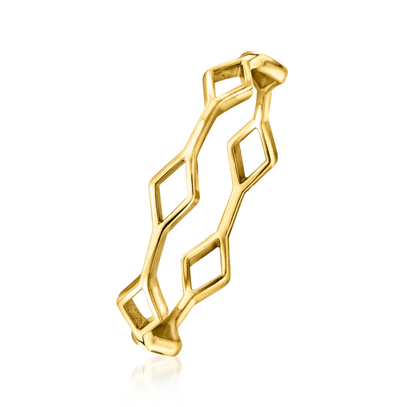 Yellow gold openwork geometric ring with stacked hexagon links, side view