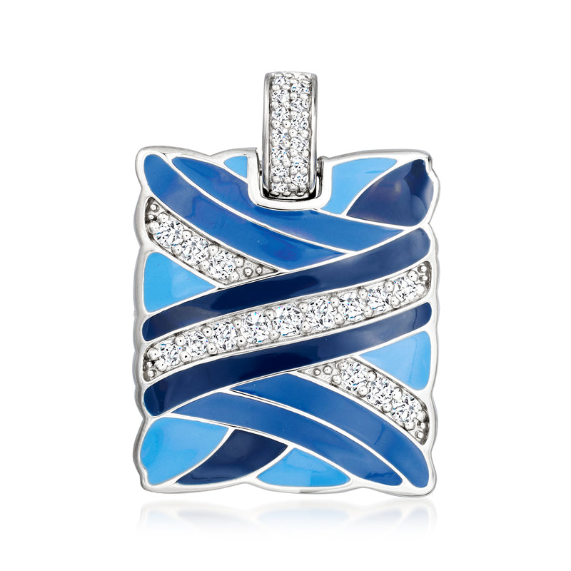Sterling silver square pendant with blue enamel ribbon and clear CZ border accents