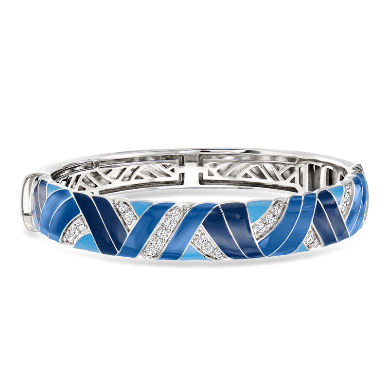 Sterling silver bangle bracelet with blue enamel chevrons and clear CZ accents