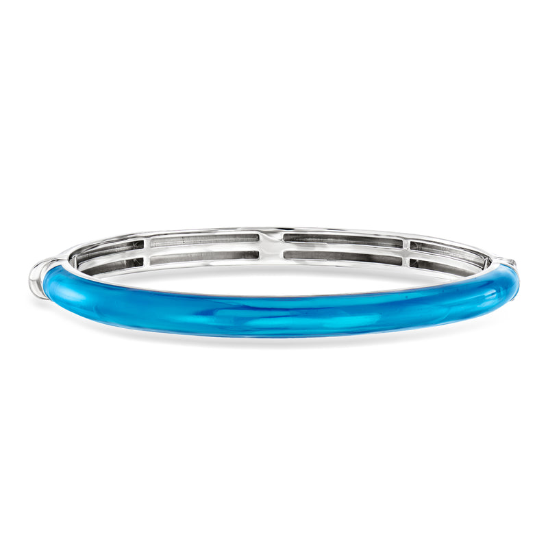 Sterling silver bangle with blue enamel center band and open back links