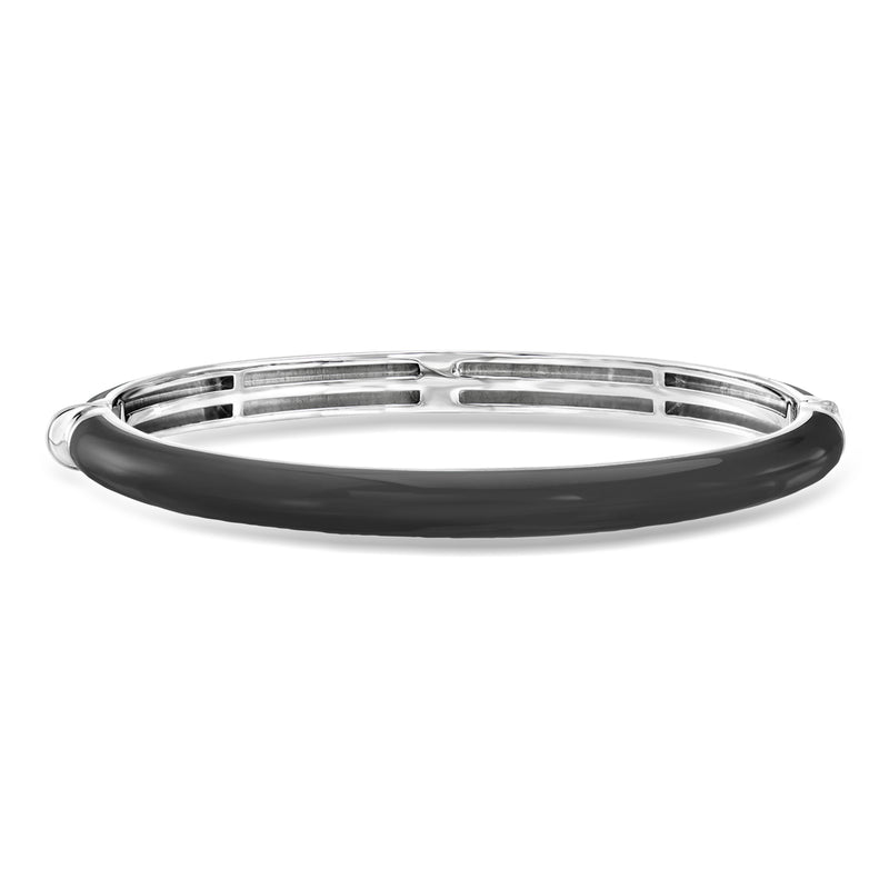 Sterling silver bangle with black enamel band and hinged oval clasp