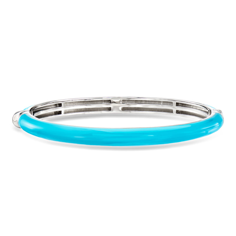 Turquoise enamel bangle bracelet with sterling silver frame and hinge clasp.