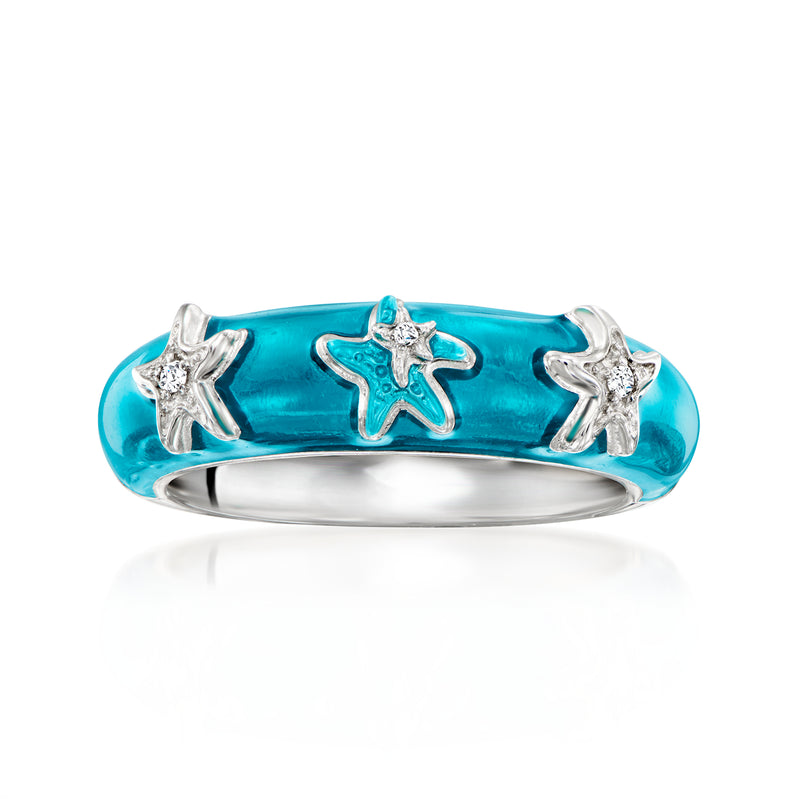 Blue enamel starfish ring with small CZ star accents and sterling silver band