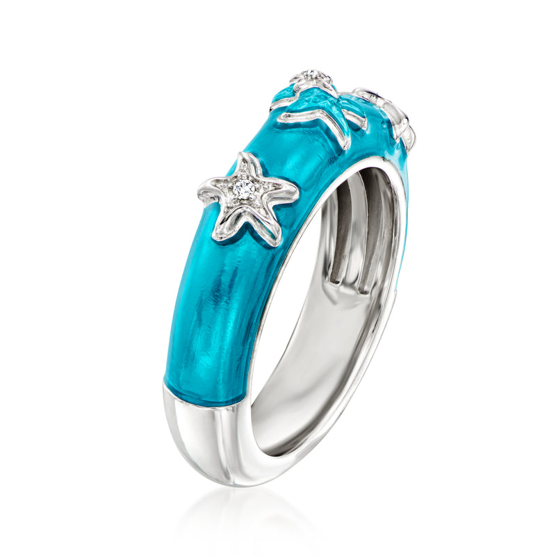 Sterling silver starfish ring with bright blue enamel and sparkling CZ star details