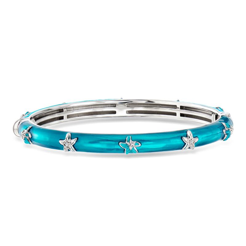 Blue enamel bangle bracelet with starfish charms, sterling silver, CZ accents
