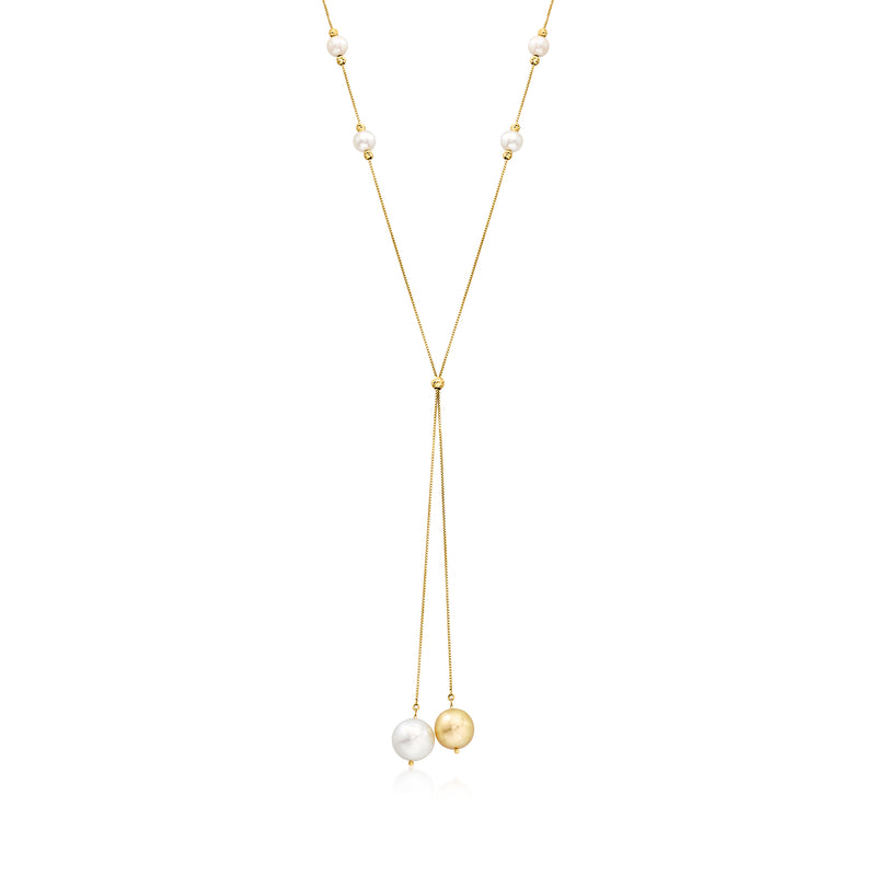 18kt yellow gold bolo-style necklace with white and golden cultured pearls