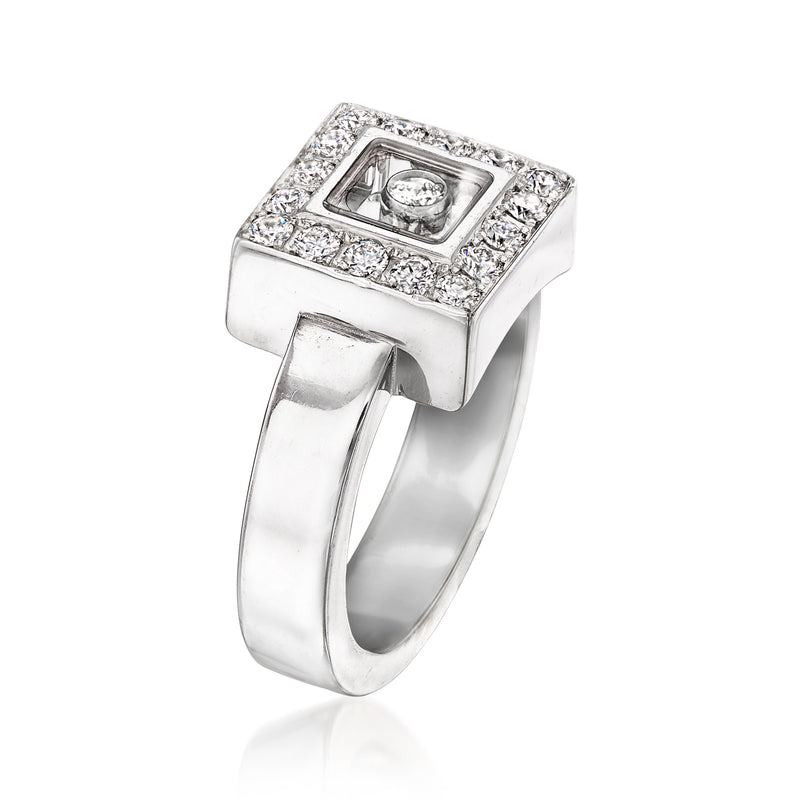 Square-cut diamond ring in white gold, angled view of centered diamond setting