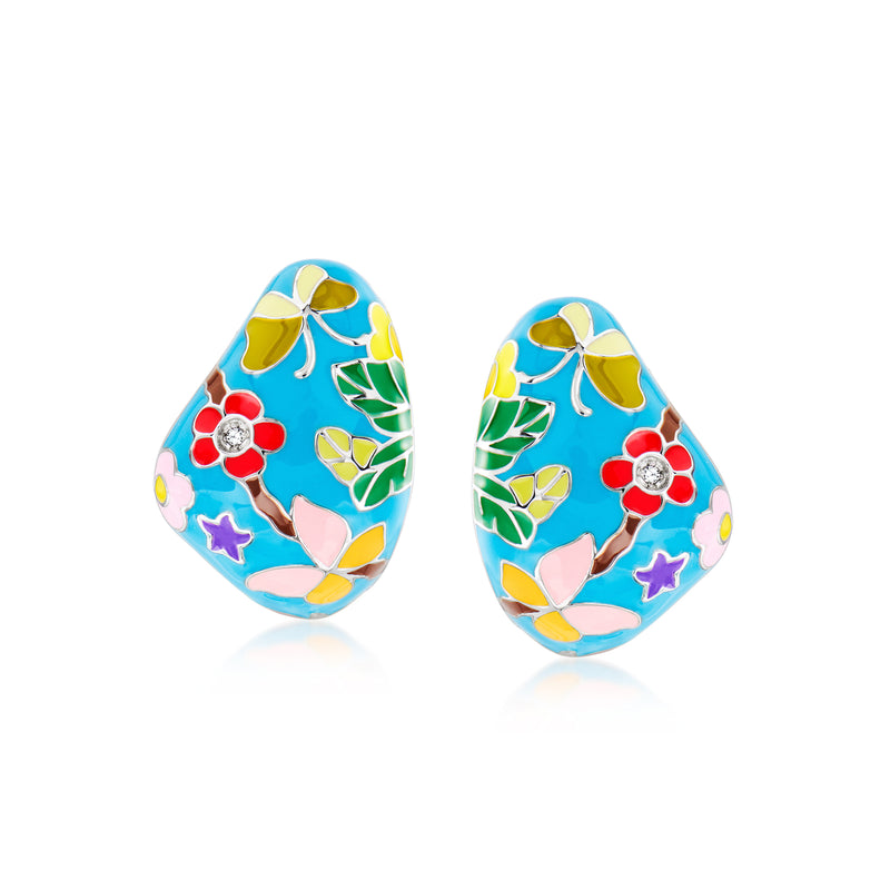 Sterling silver enamel hoop earrings, multicolor butterfly design, clear CZ