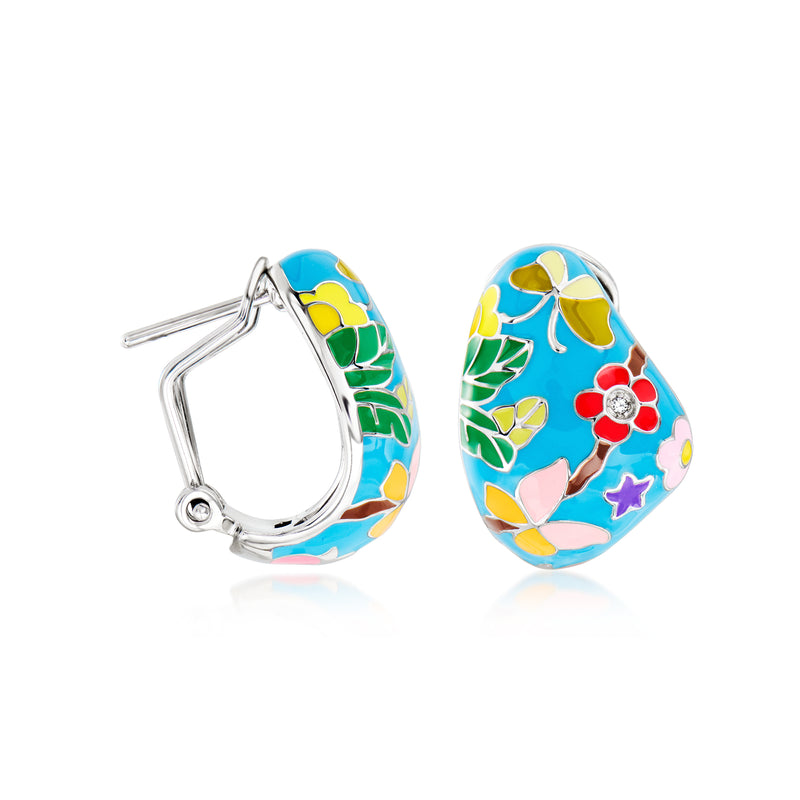 Hinged sterling silver hoop earrings with multicolor enamel butterfly and clear CZ