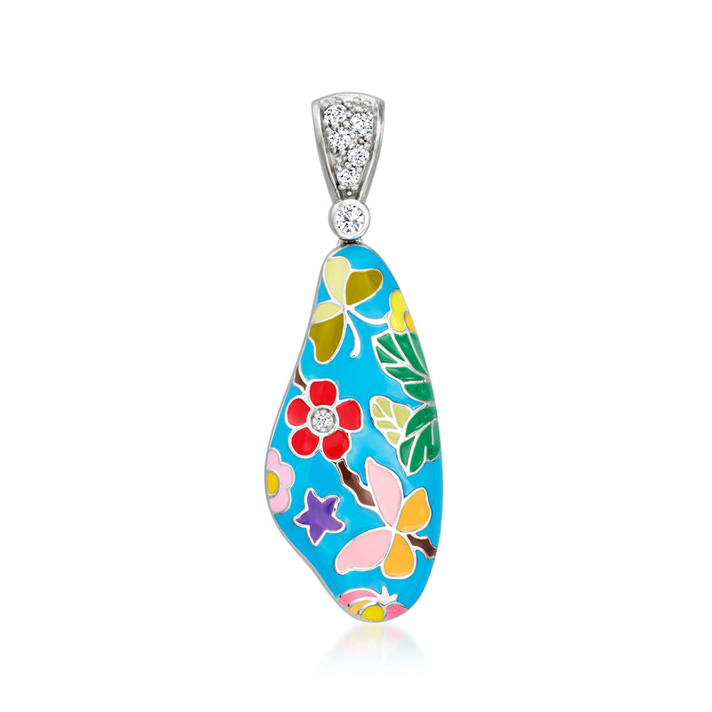 Multicolored enamel teardrop pendant with floral butterfly design, silver bail and CZ accents