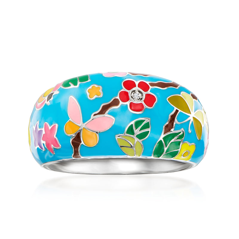 Sterling silver enamel ring with multicolor butterfly flowers and single CZ stone