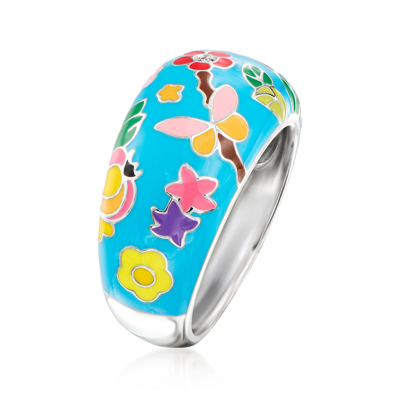 Sterling silver enamel ring, side view, multicolor butterflies with single CZ on top