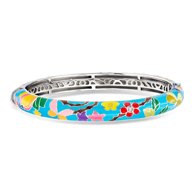 Sterling silver bangle bracelet with multicolored floral enamel design
