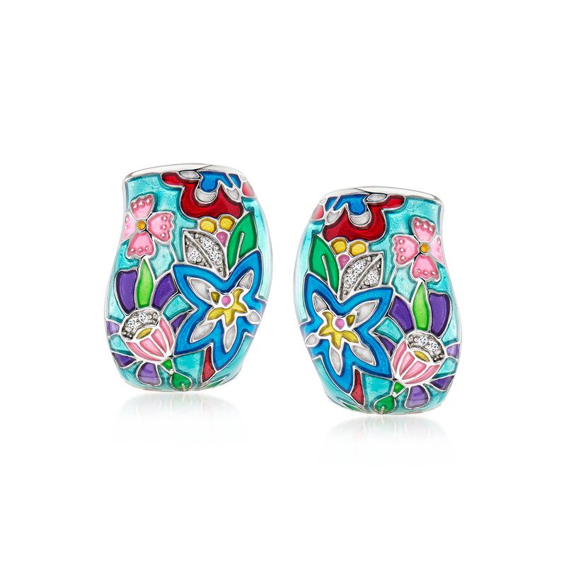 Multicolored enamel floral hoop earrings with CZ accents, sterling silver, hinged hoops