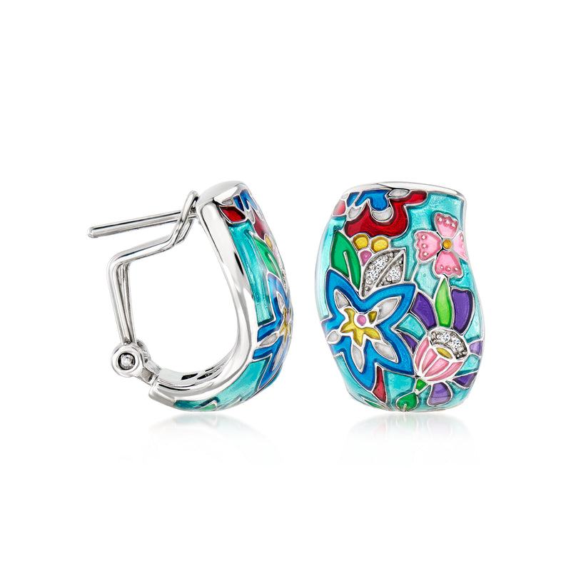 Sterling silver hoop earrings with multicolor enamel flowers and clear CZ stones, post