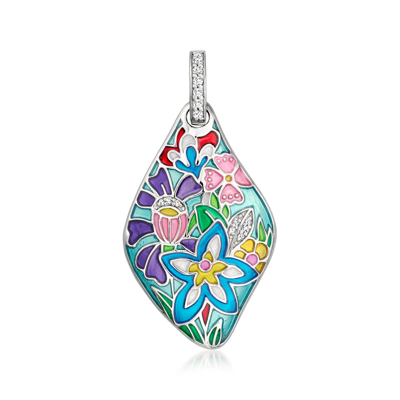 Sterling silver teardrop pendant with multicolored enamel floral design and CZ accents