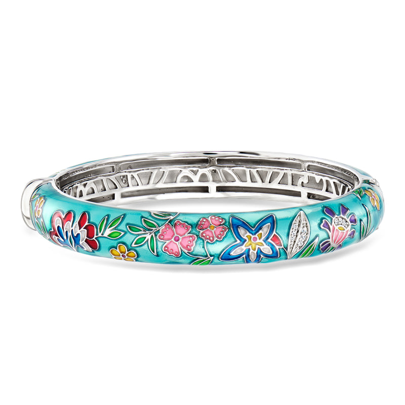 Sterling silver enamel bangle bracelet with turquoise floral multicolor design