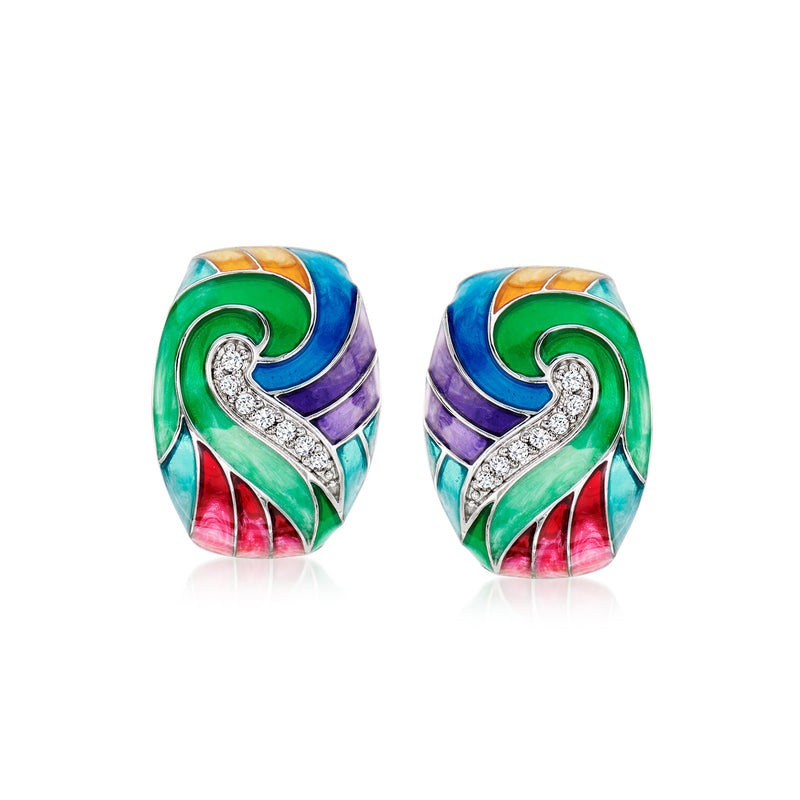 Sterling silver hoop earrings with multicolored enamel and CZ-look stone detailing