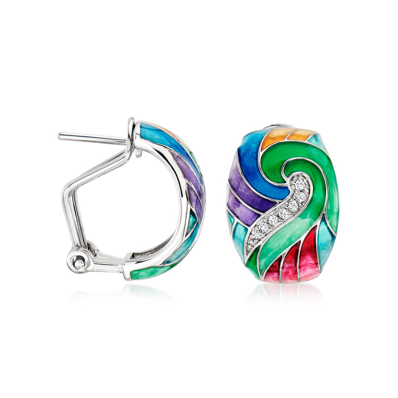 Sterling silver hoop earrings with multicolored enamel, hinged post back and CZ-look stones
