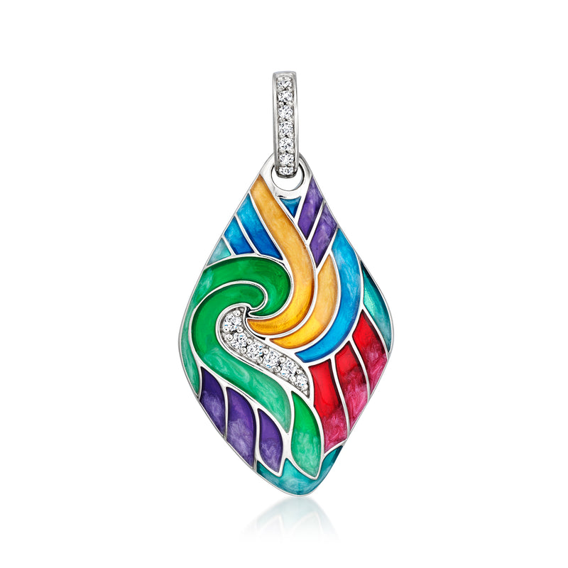 Sterling silver enamel pendant with multicolor teardrop design and clear CZ accents