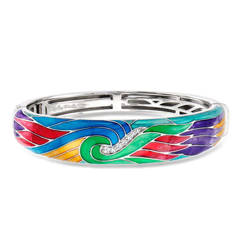 Sterling silver bangle with multicolor enamel wave design and small CZ accents