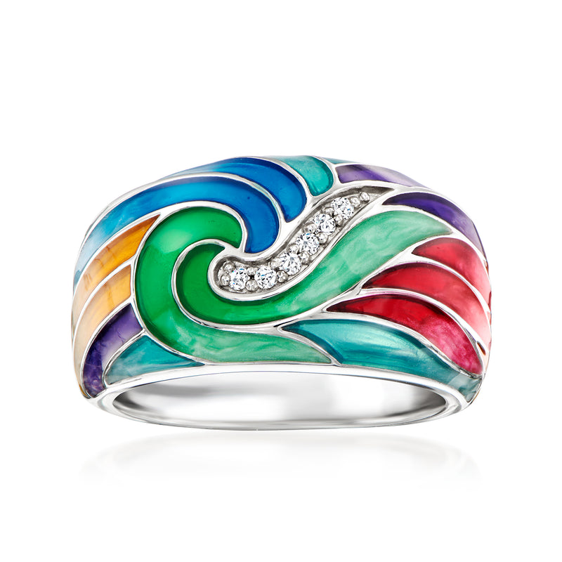 Sterling silver enamel ring with multicolor swoosh design and clear CZ accents