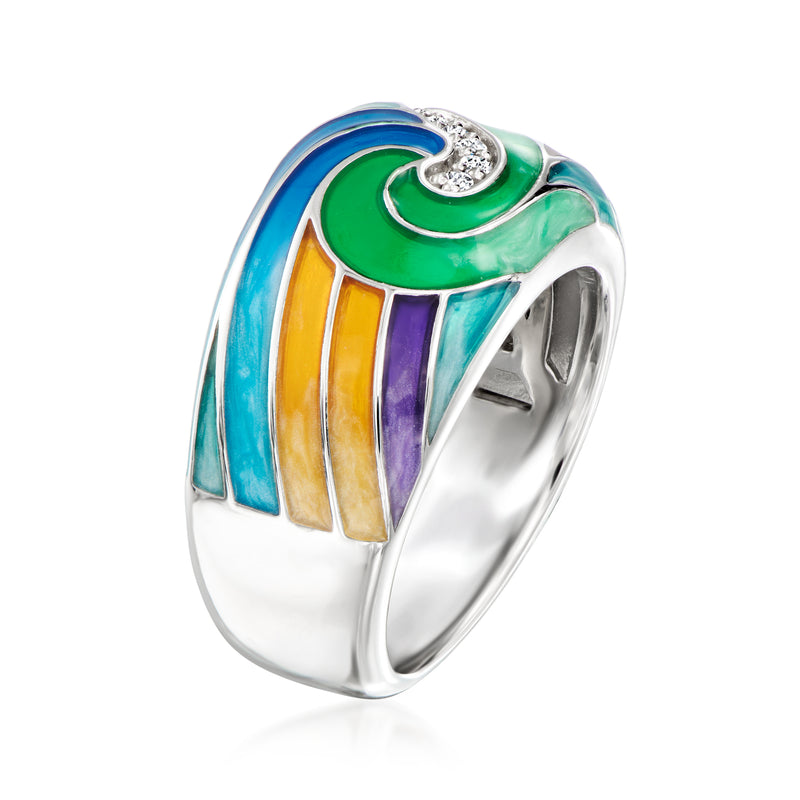 Sterling silver enamel statement ring with rainbow-striped leaves and CZ cluster