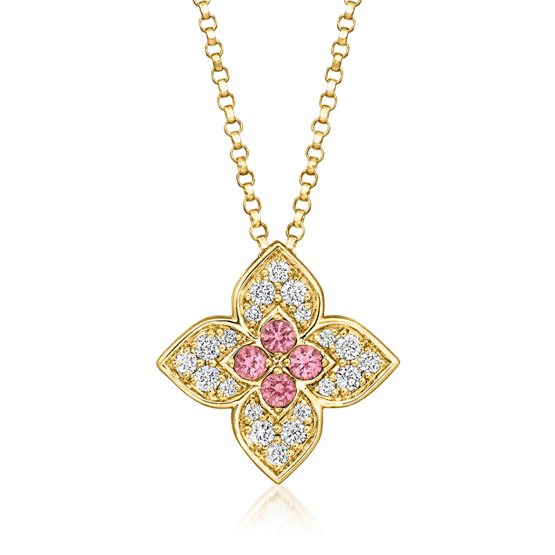 Roberto Coin yellow gold necklace with pink rubellite and diamond clover pendant