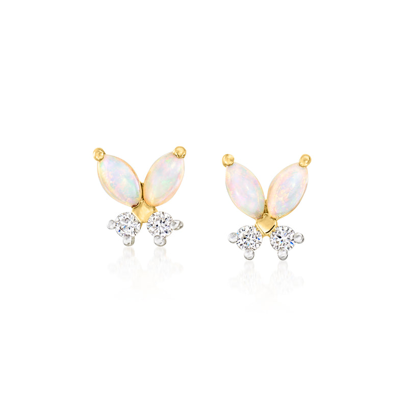 Opal butterfly post earrings in 14kt yellow gold with three clear round stones