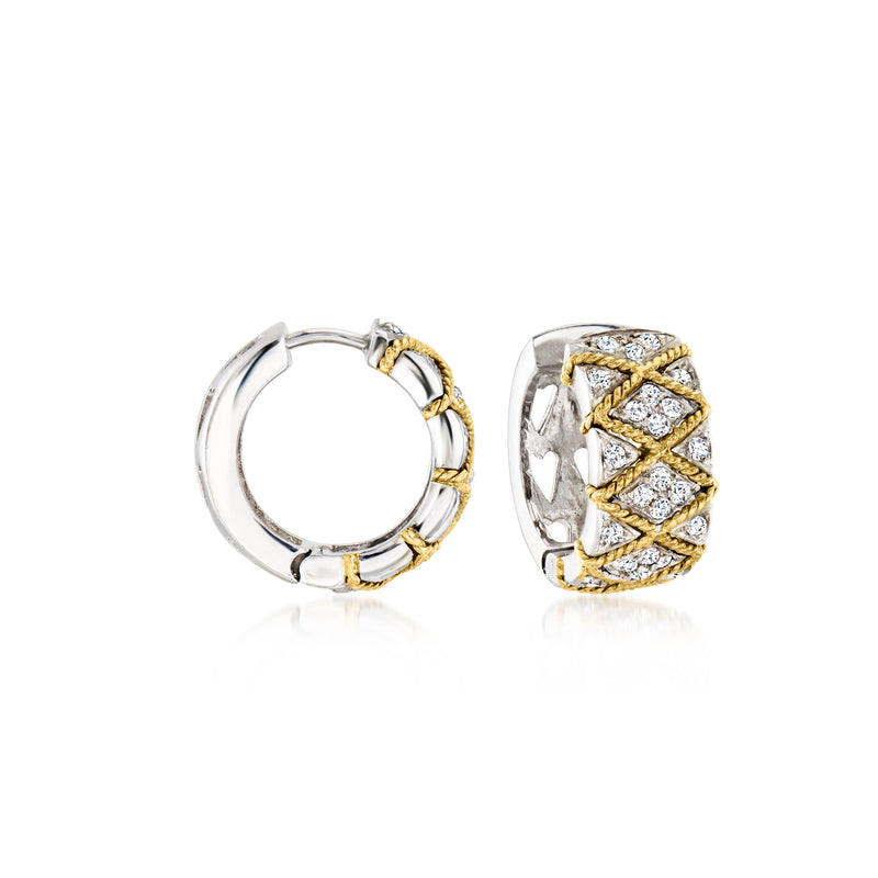 Two-tone gold diamond lattice hoop earrings with textured bezel detail