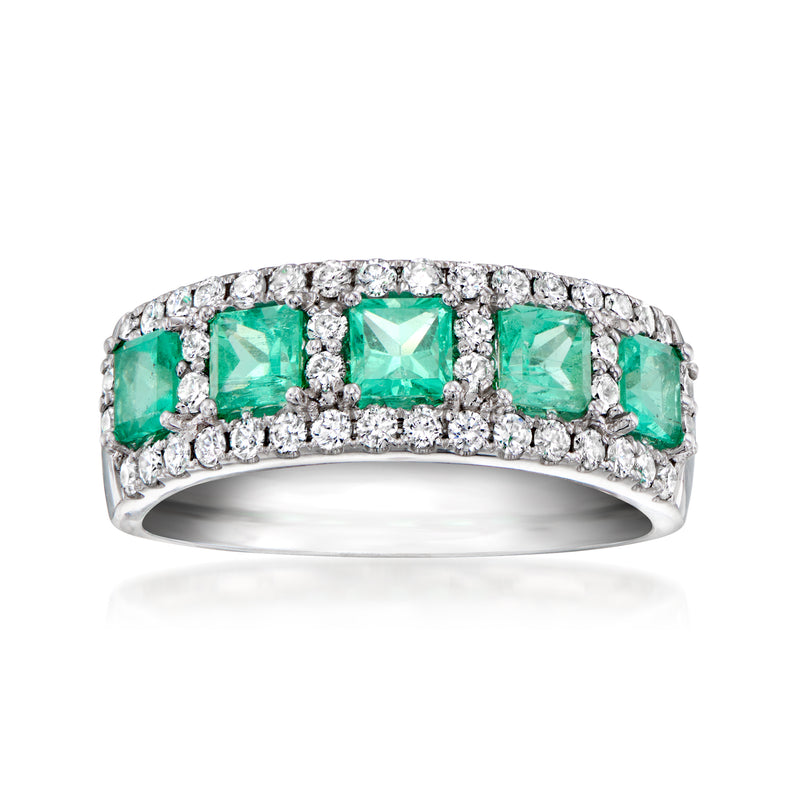 14kt white gold ring with five green emeralds and small diamond accents