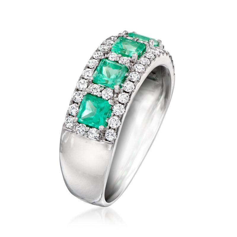 14kt white gold emerald and diamond ring with five square green stones