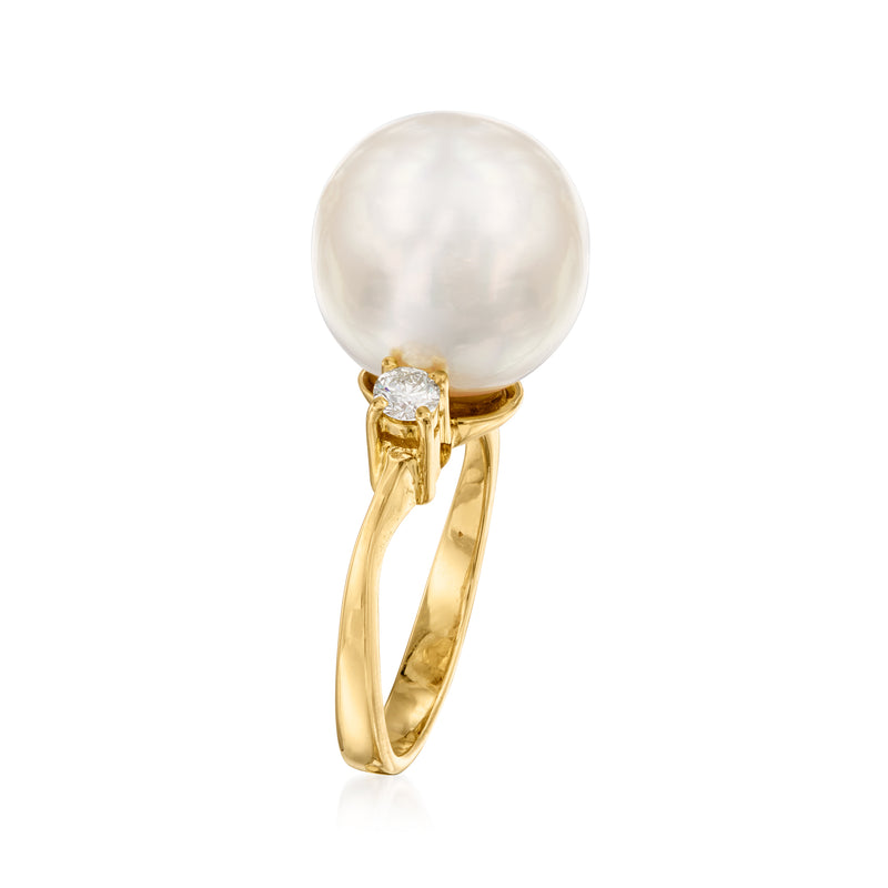 Cultured pearl ring in 14kt yellow gold with two small diamond accents at shoulders