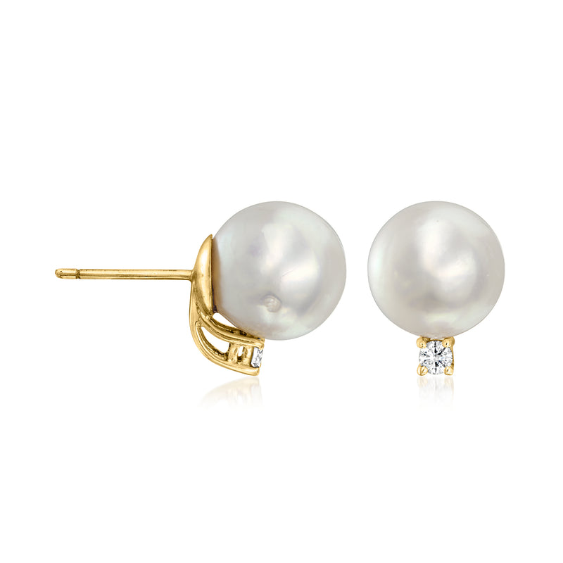 Yellow gold pearl stud earrings with diamond set prong detail and post back
