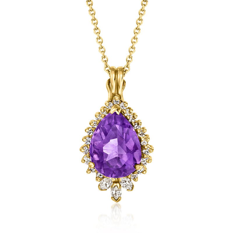 14kt yellow gold amethyst oval pendant necklace with diamond halo