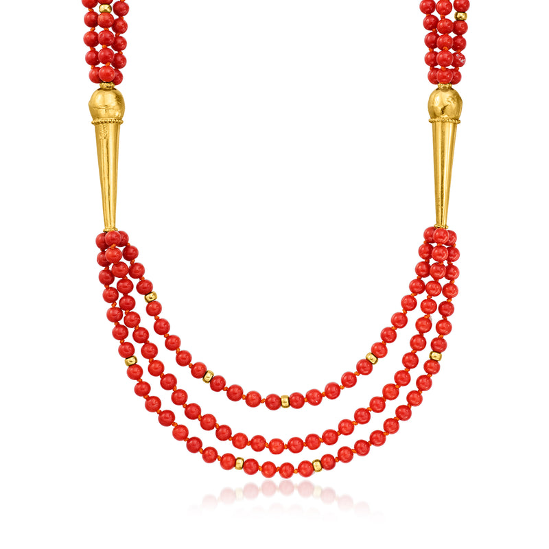 Red coral bead three-strand necklace with 22kt yellow gold caps and clasp